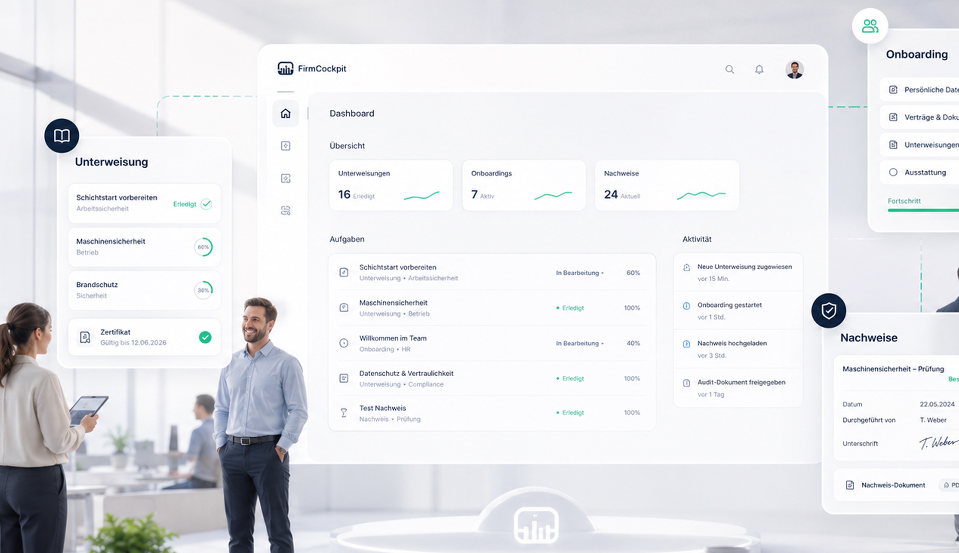 FirmCockpit Dashboard mit Unterweisungen, Onboardings und Nachweisen