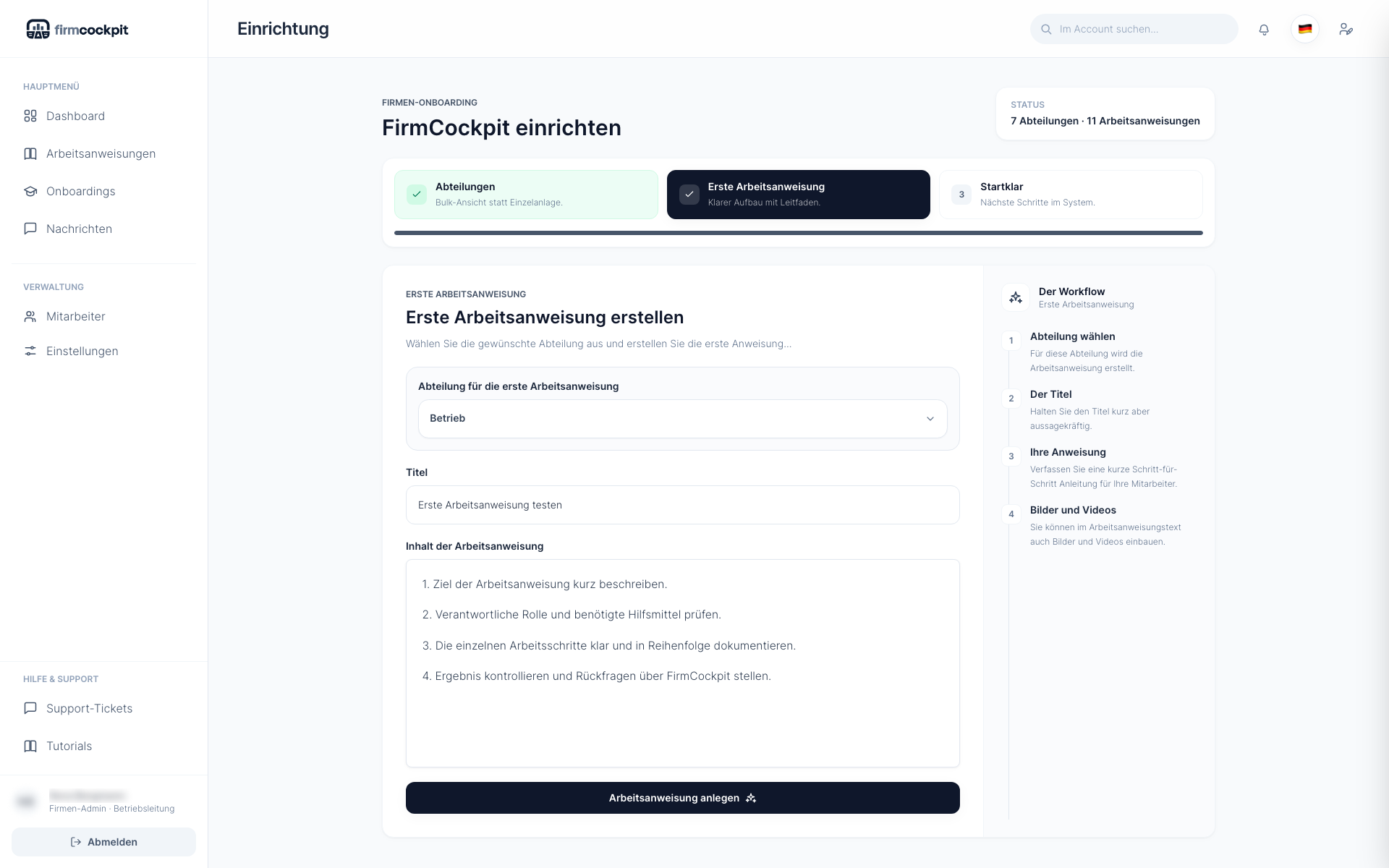 FirmCockpit Firmen-Onboarding mit Editor für die erste Arbeitsanweisung