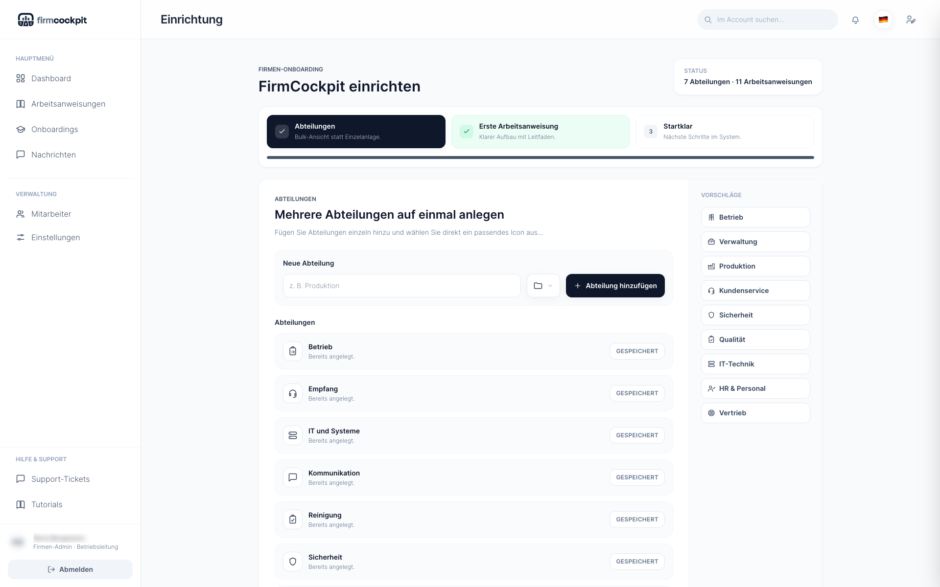FirmCockpit Firmen-Onboarding mit Abteilungen, Icon-Auswahl und Vorschlägen