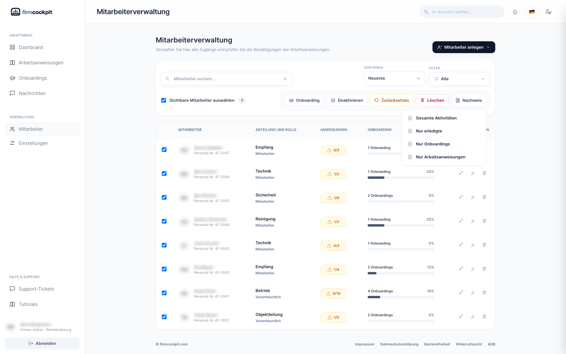 Bulk-Auswahl und Nachweis-Dropdown in der Mitarbeiterverwaltung
