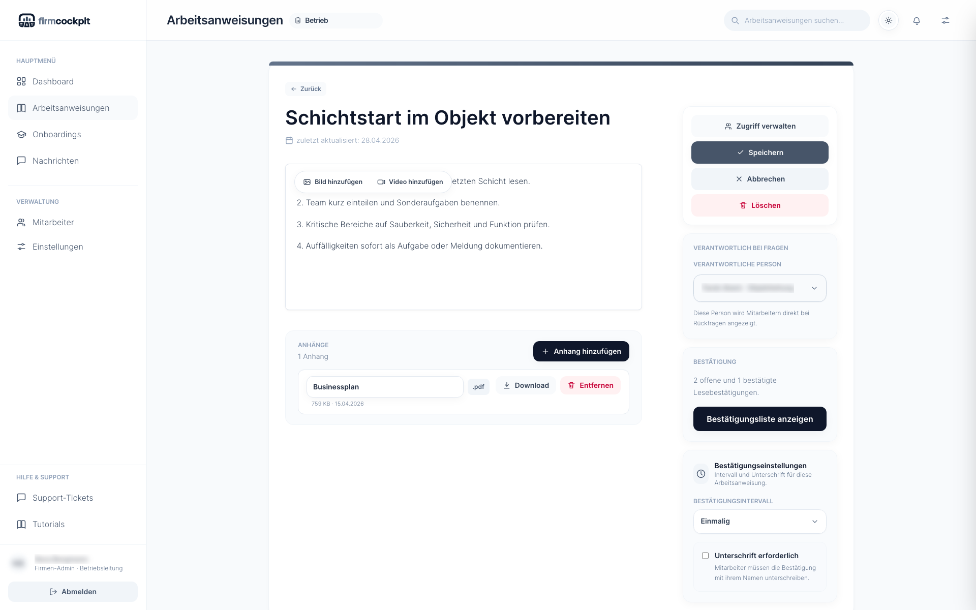 Bearbeitungsansicht einer Arbeitsanweisung mit Editor, Anhängen und Medienfunktionen