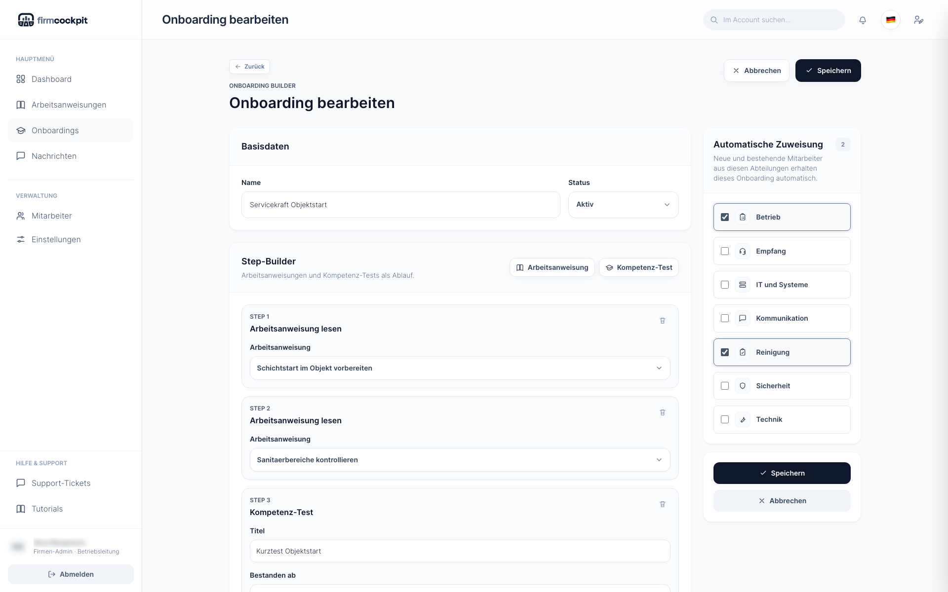 Onboarding-Builder mit Steps und automatischer Zuweisung