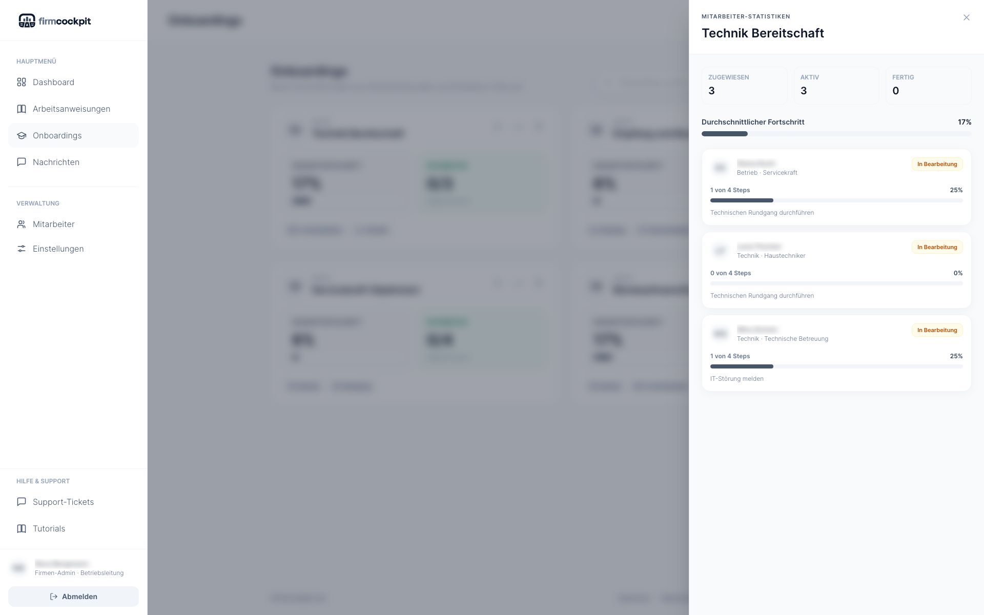 Onboarding-Statistik mit Mitarbeiterfortschritt