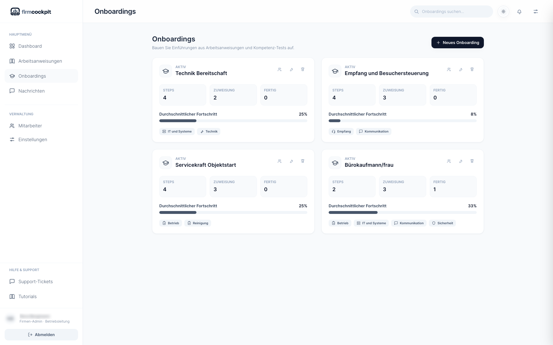 Onboarding-Liste in FirmCockpit mit Fortschritt und Zuweisungen