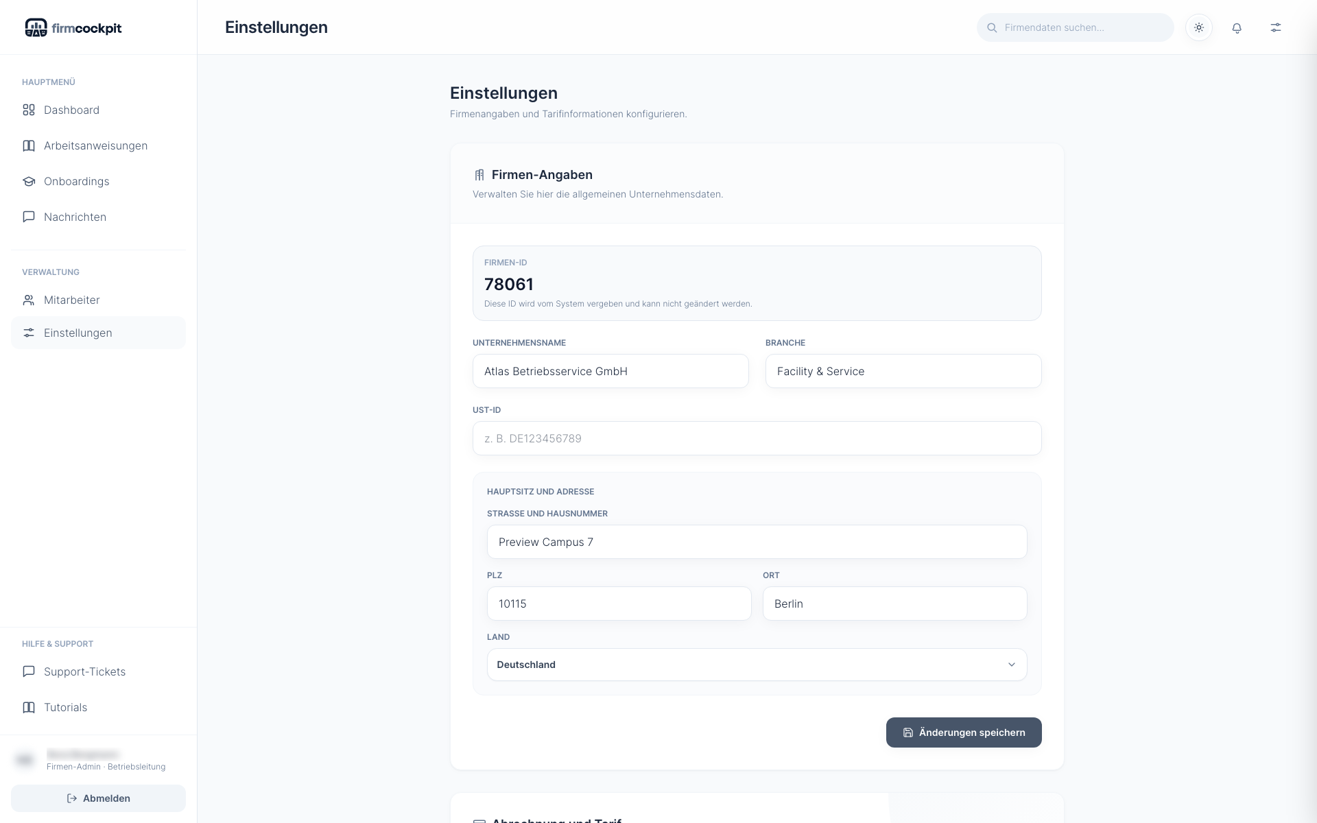FirmCockpit Einstellungen und Abrechnungsdaten