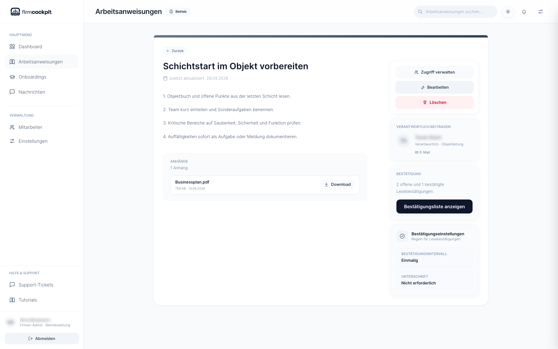 Einzelne Arbeitsanweisung in FirmCockpit mit Text, Anhängen und rechter Infospalte