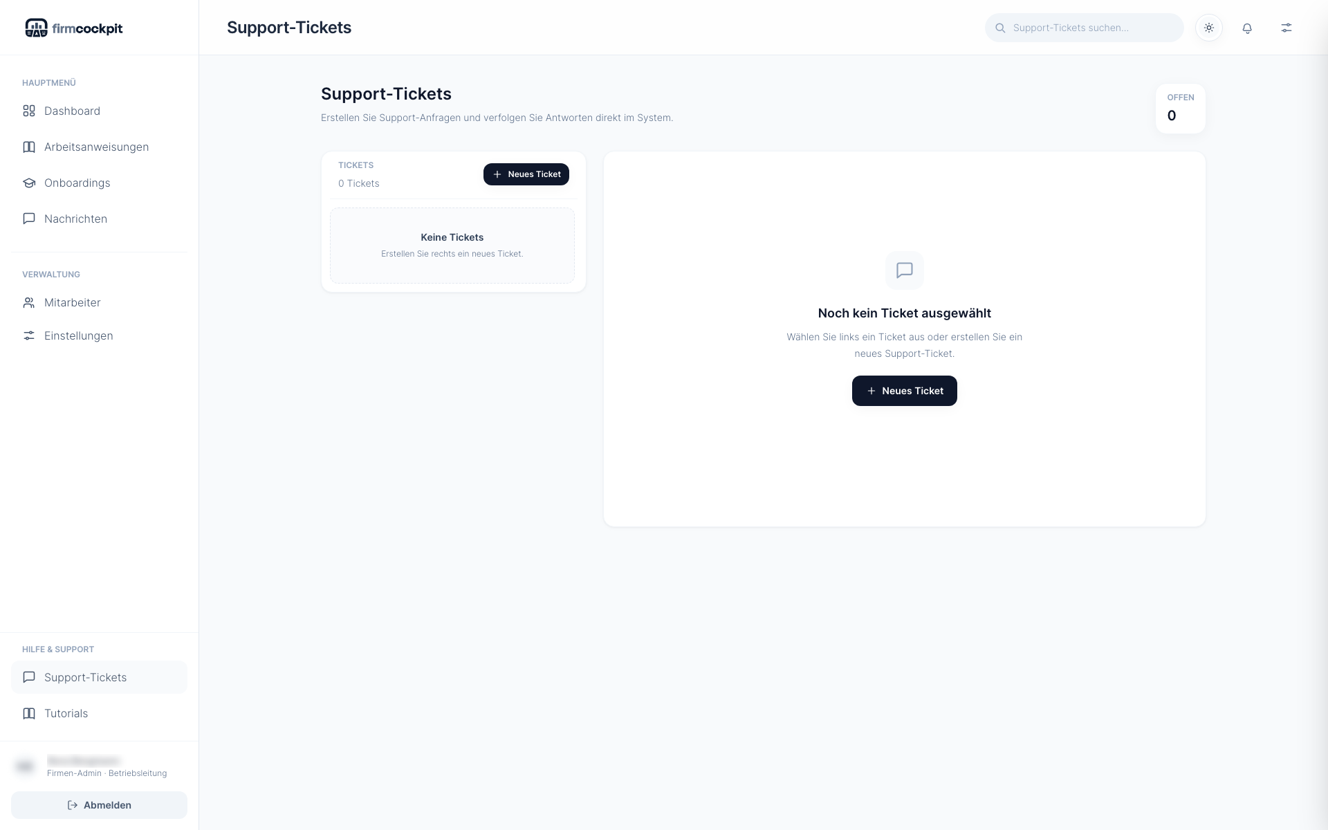 Support-Ticket Bereich in FirmCockpit